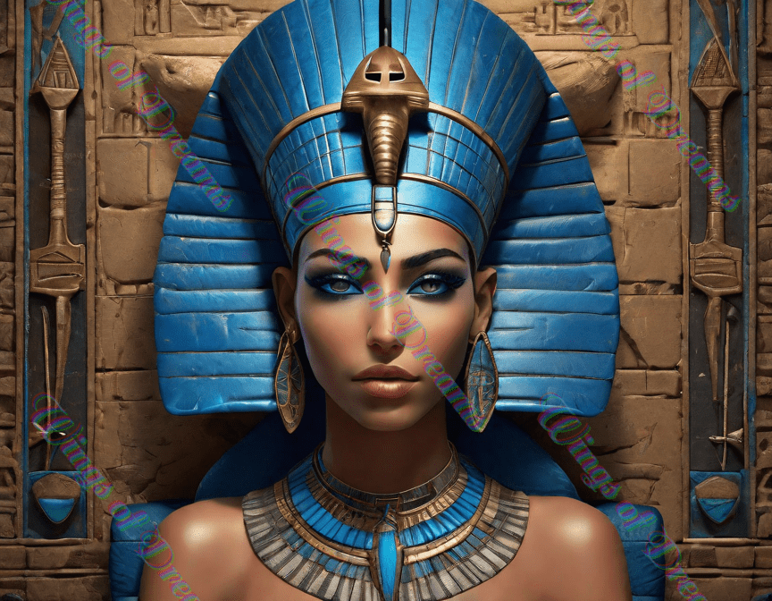 An ancient Egyptrian Cleopatra-like woman wearing a blue headdress, necklace and earrings.