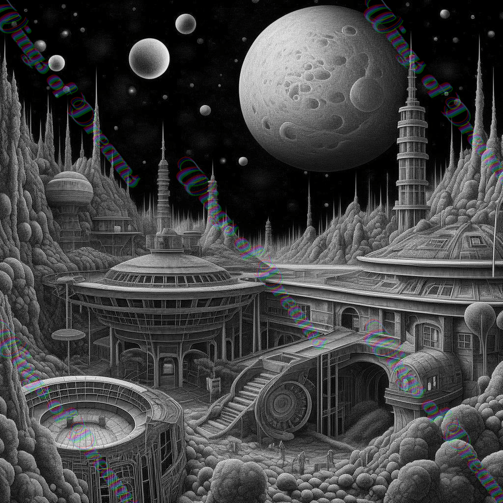 A science fiction scene depicting an alien world of labyrinthene buildings and a multi- mooned black sky.