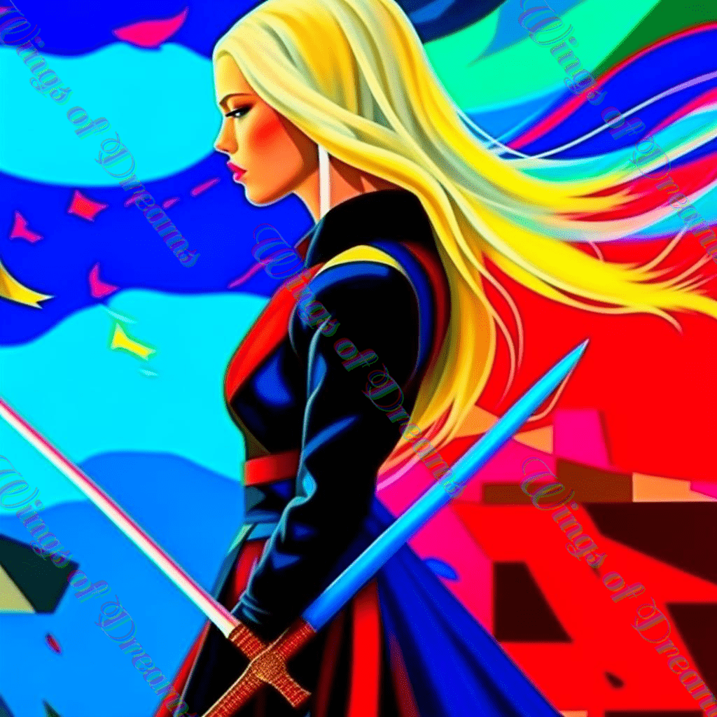 A blonde-haired, blue-eyed warrior woman carrying a weapon in side view.