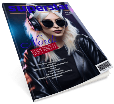 A magazine front cover featuring a woman wearing headphones and sunglasses.