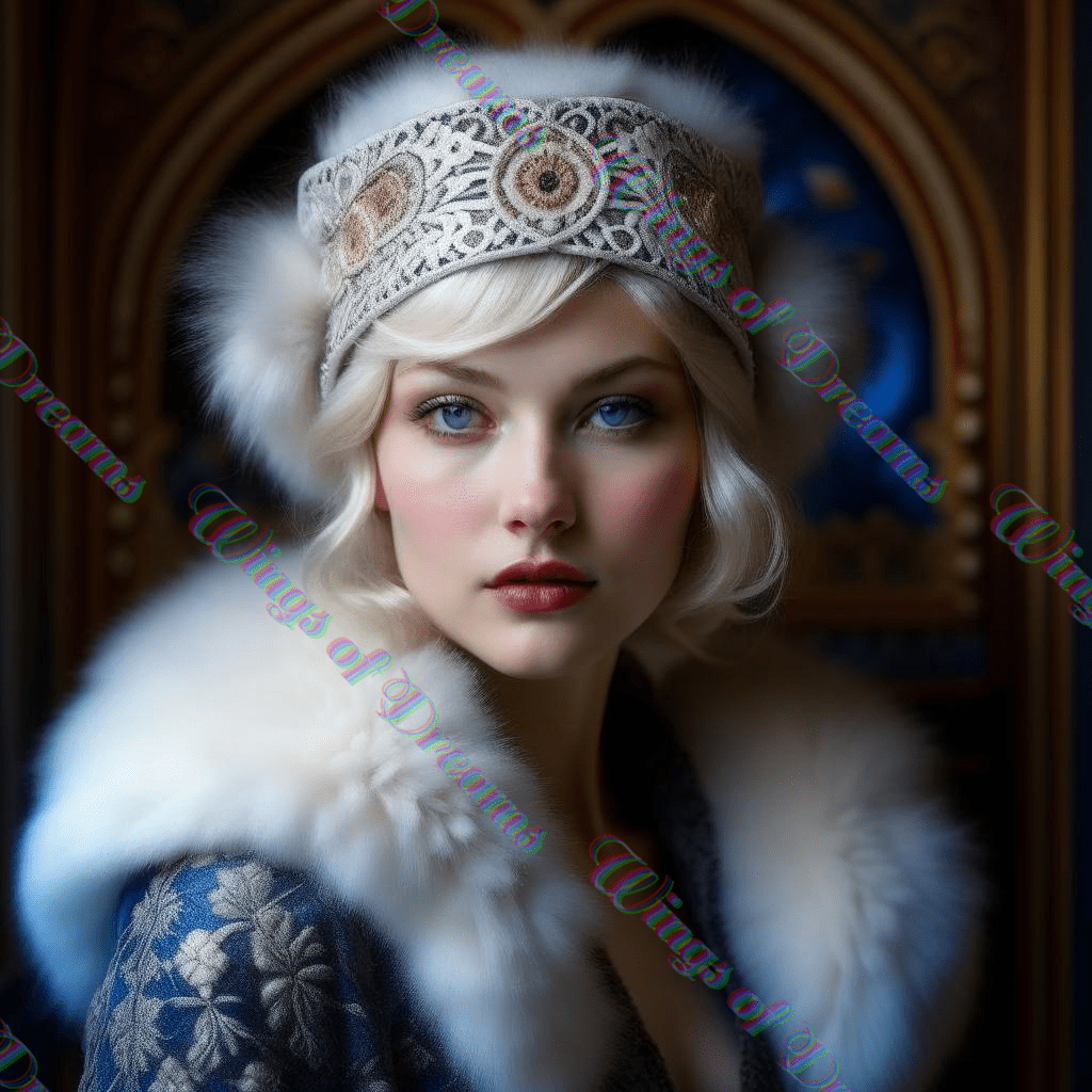 A young nordic woman with blonde hair and blue eyes, dressed in retro stykle.